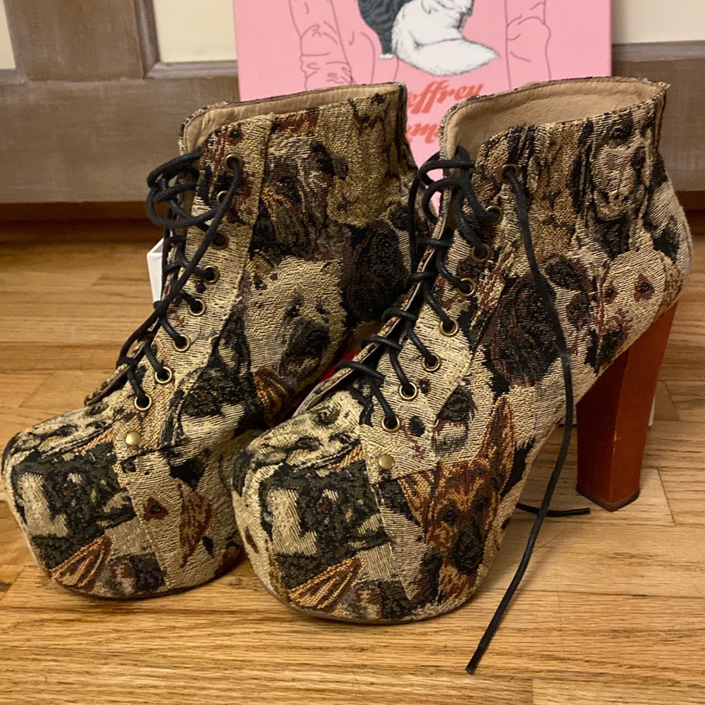 Jeffrey Campbell tapestry dog print platform booties
